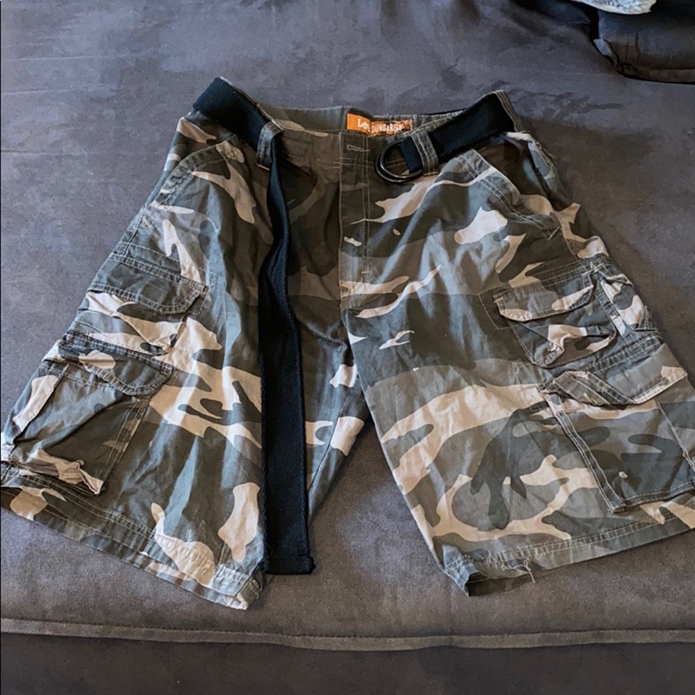 Camo cargo shorts with tons of pockets and belt